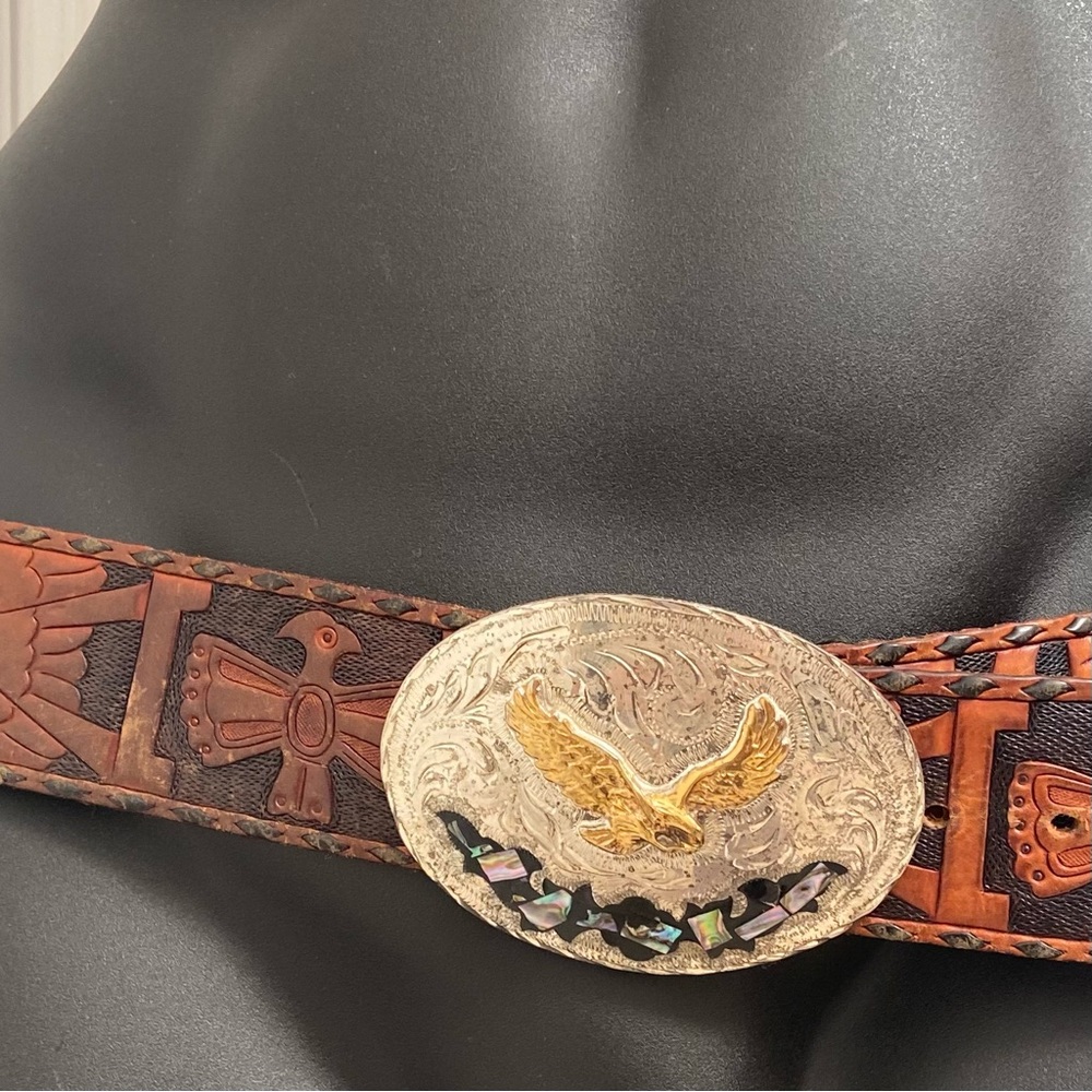 Mexico stamped silver brass eagle shell inlayed leather belt. Waist 34-39. Used.